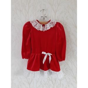 Holiday Dress, Vintage Girls, Christmas Dress,Red Velour,Lacey dress